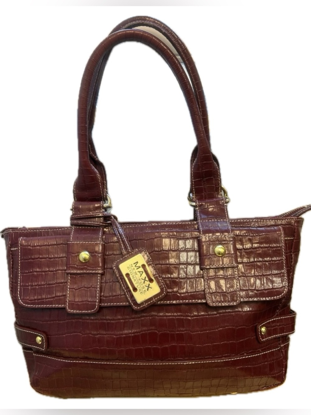 MAXX New York Signature Croc Embossed Rich Reddish Brown Leather Shoulder Purse
